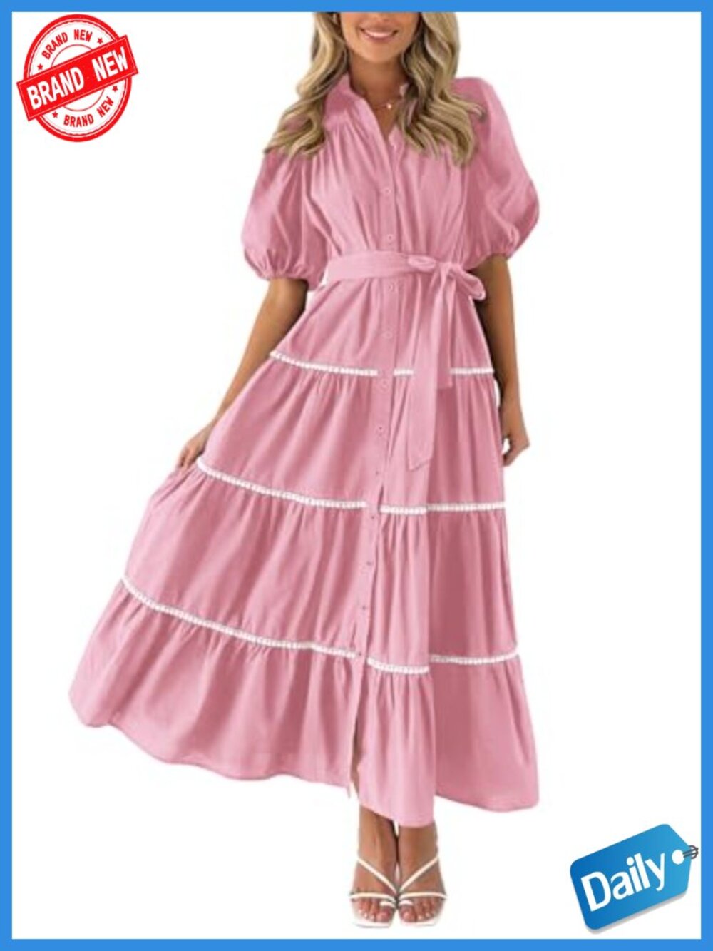 Viscose Blend Tiered Maxi Shirt Dress with Pockets